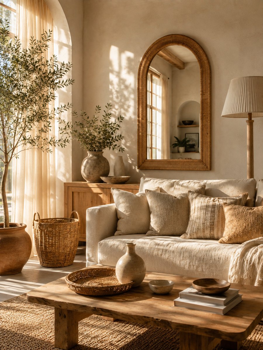 Warm boho living room with an arched rattan-framed wall mirror, olive tree and woven basket