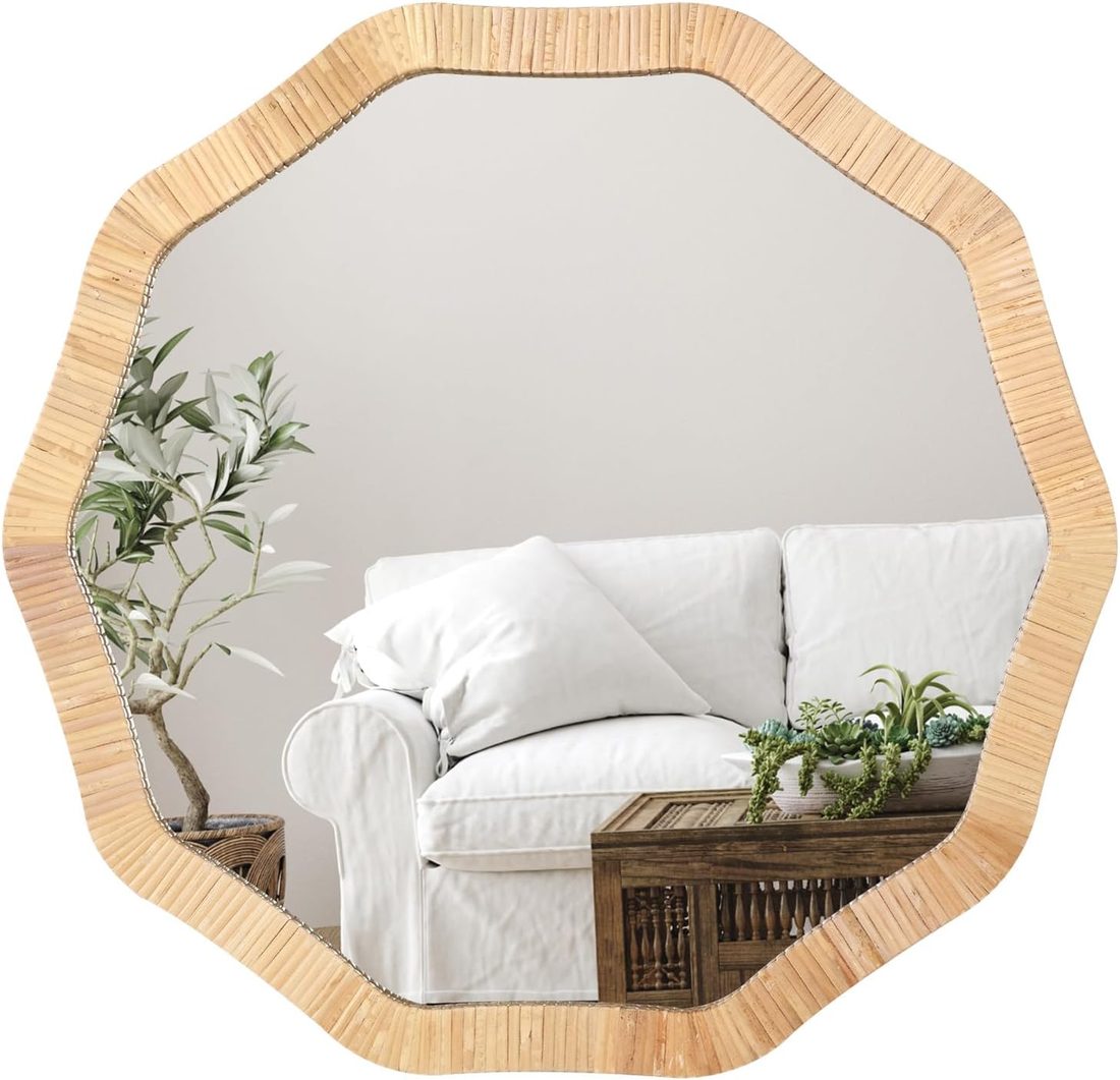 Geometric rattan wall mirror with an irregular ten-sided frame